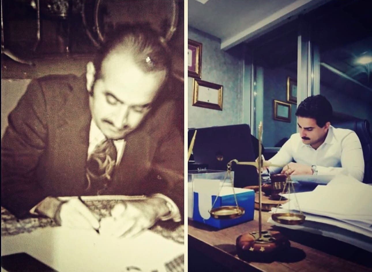 Solda Av. Hikmet Gökçe, sağda torunu Av. Cihat Gökçe, çalışma masalarında